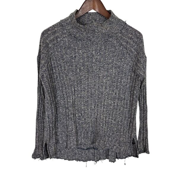 Free People Blue White Knit Mock Neck Shirt Women’s XS Split Hem Raw Hems - Picture 1 of 6
